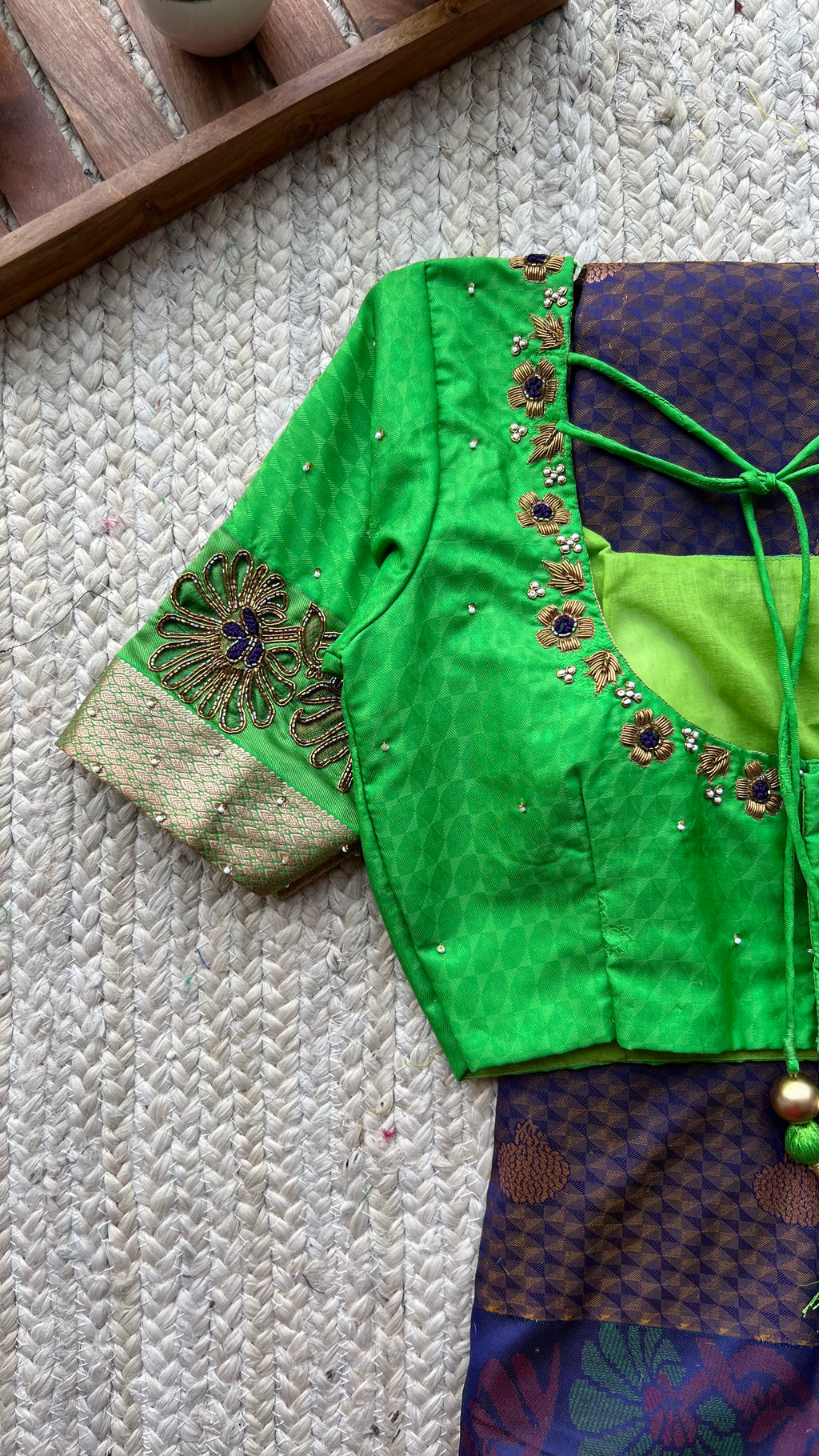 Deep purple and green silk saree with hand worked blouse