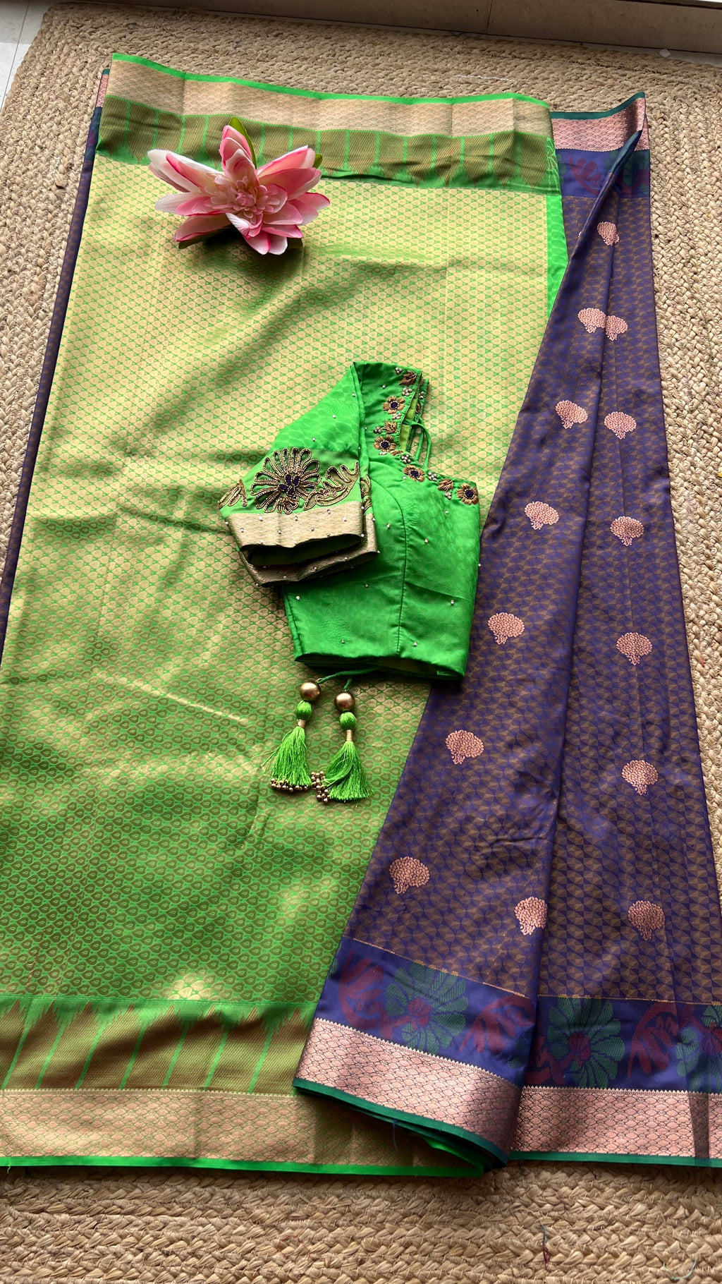 Deep purple and green silk saree with hand worked blouse
