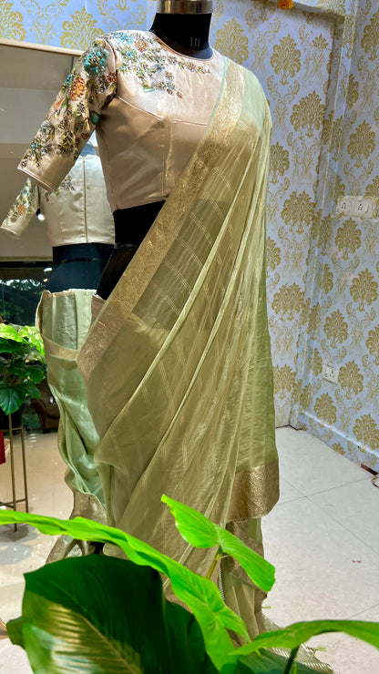 Tea green banarasi Saree with Handmade Blouse