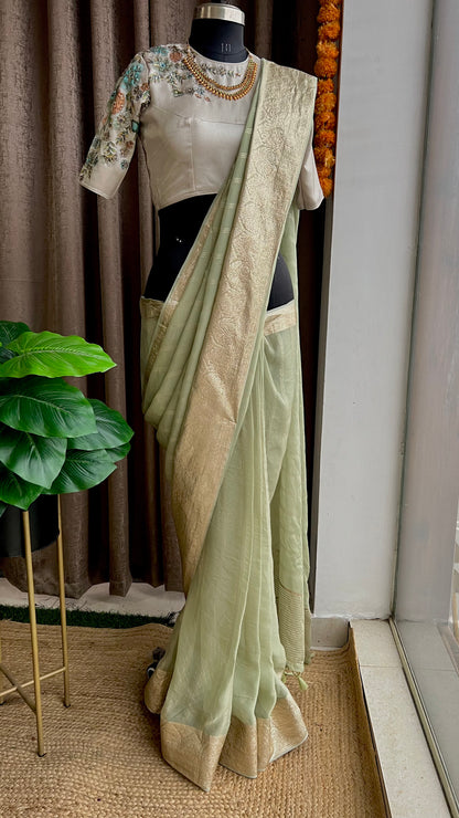 Tea green banarasi Saree with Handmade Blouse