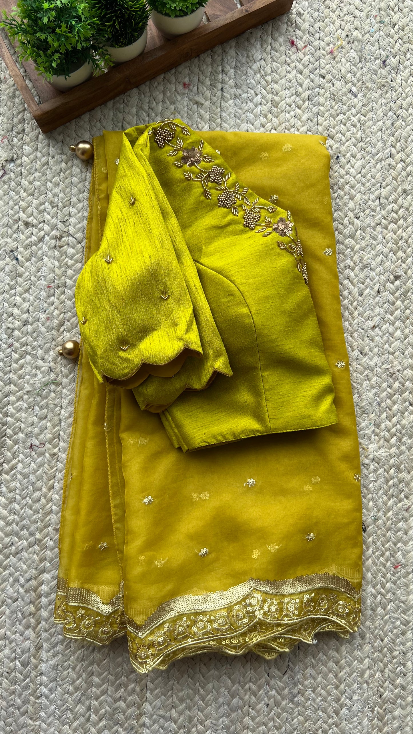 Yellow Organza Saree with Handmade Blouse