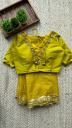 Yellow silk V neck hand worked blouse