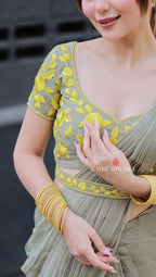 Apple green mul chanderi with embroidery blouse