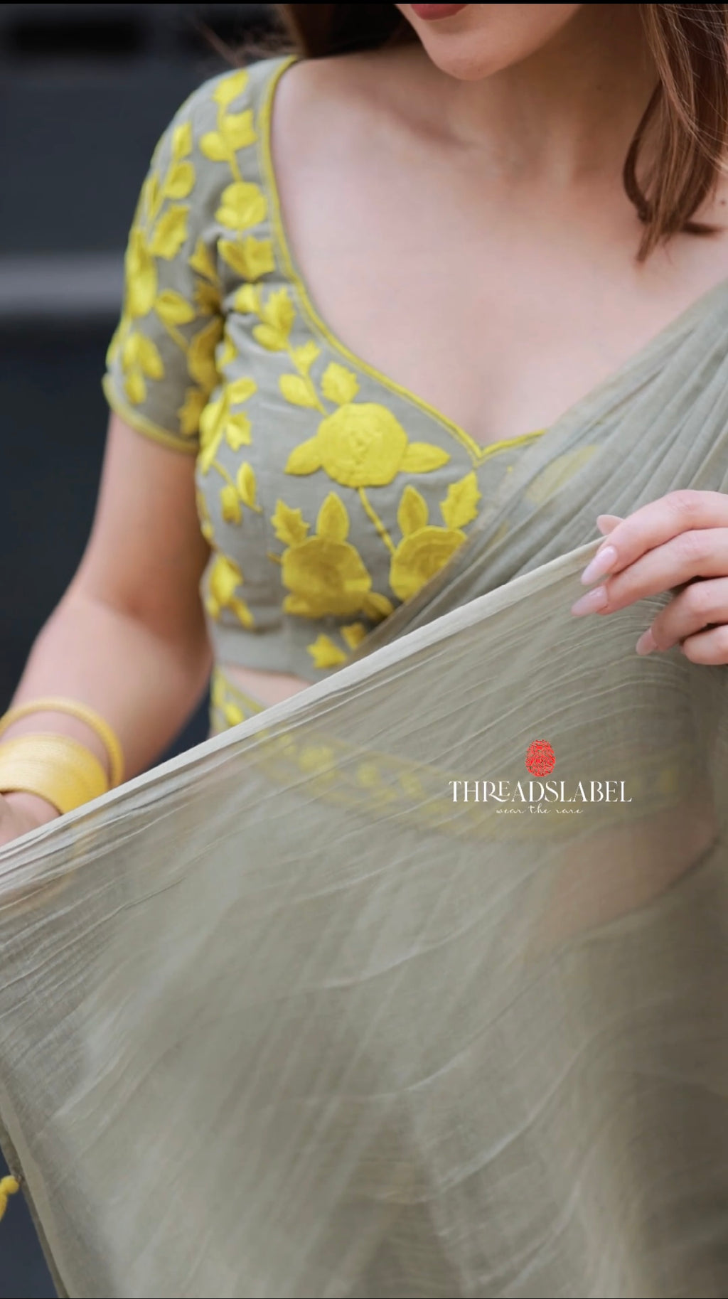 Apple green mul chanderi with embroidery blouse