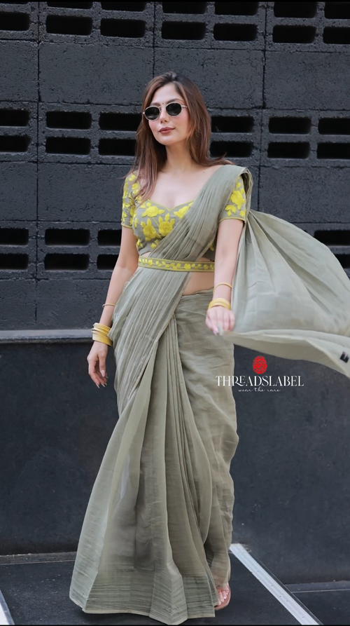 Apple green mul chanderi with embroidery blouse