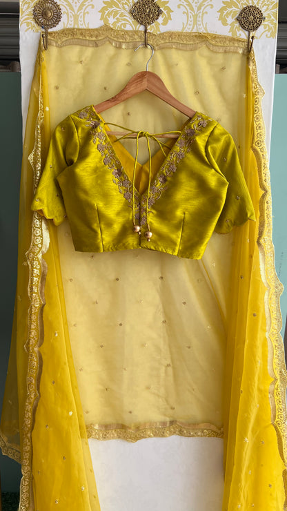 Yellow silk V neck hand worked blouse