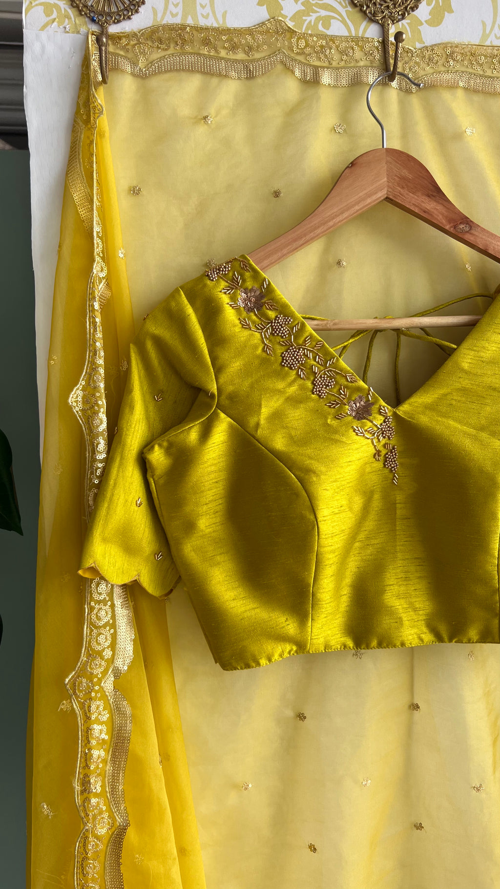 Yellow silk V neck hand worked blouse