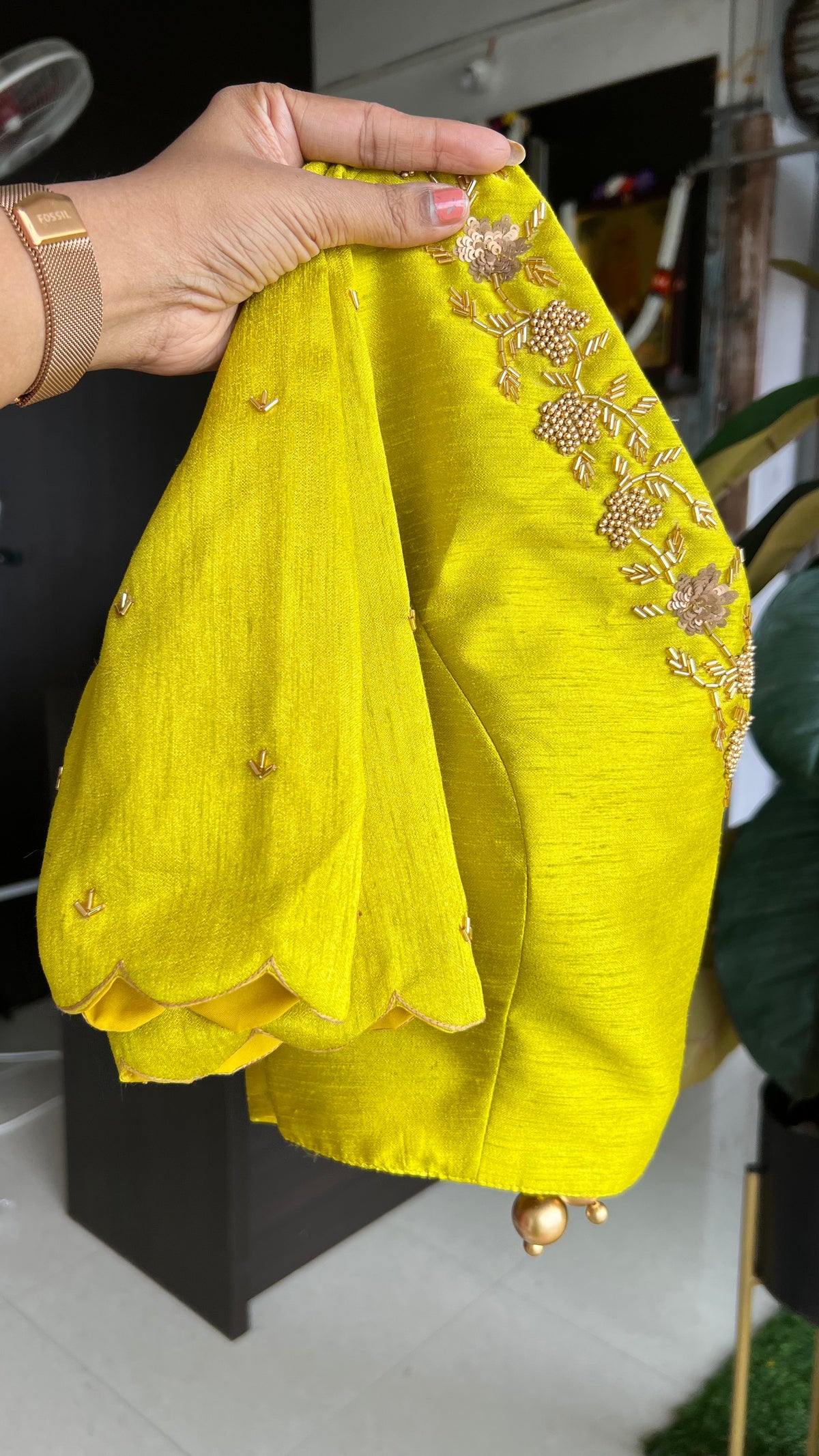 Yellow silk V neck hand worked blouse