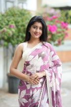 Lilac pink georgette saree with white embroidery blouse