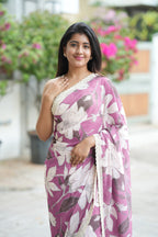 Lilac pink georgette saree with white embroidery blouse