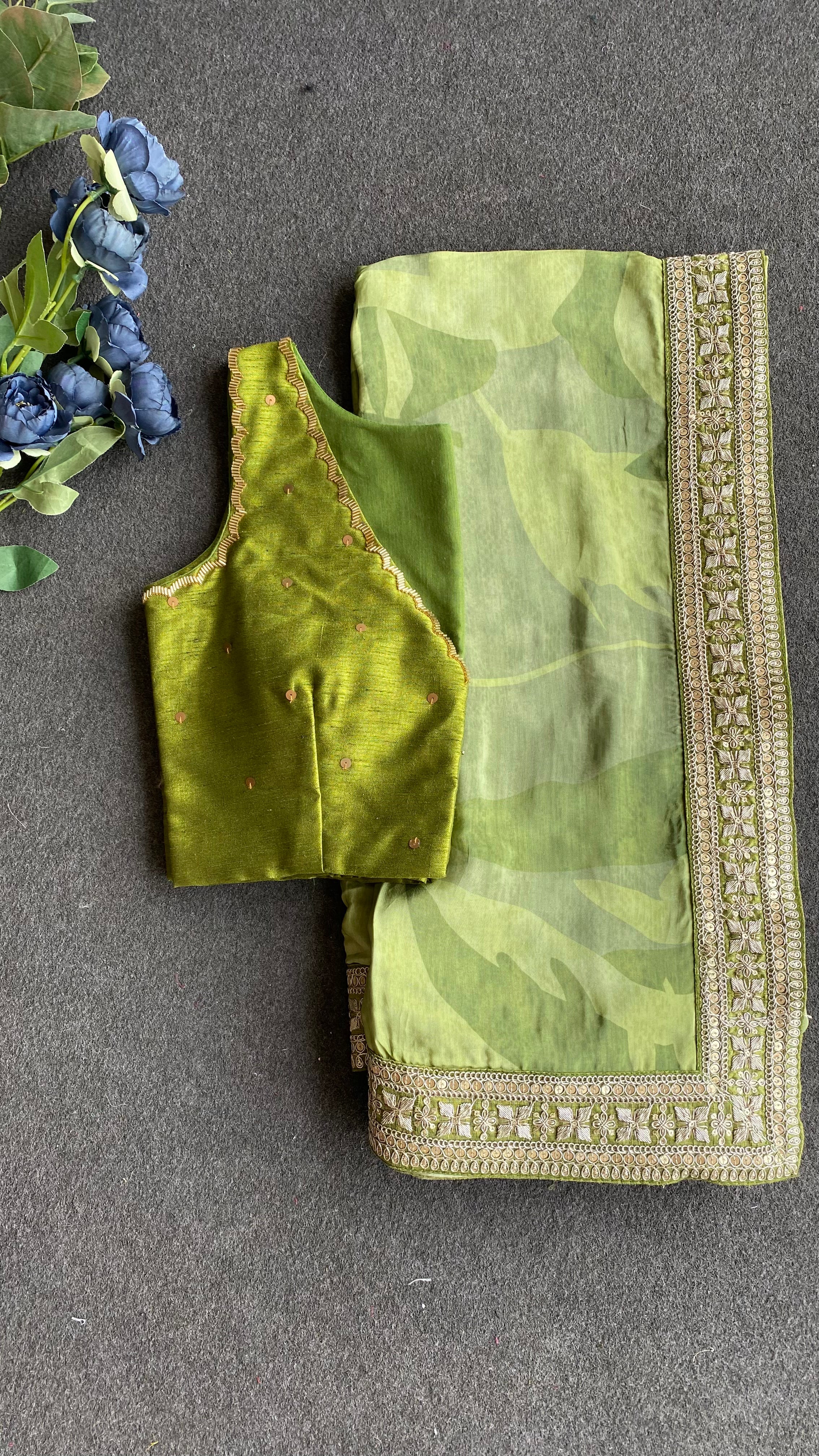 Green viscose silk saree with hand work blouse