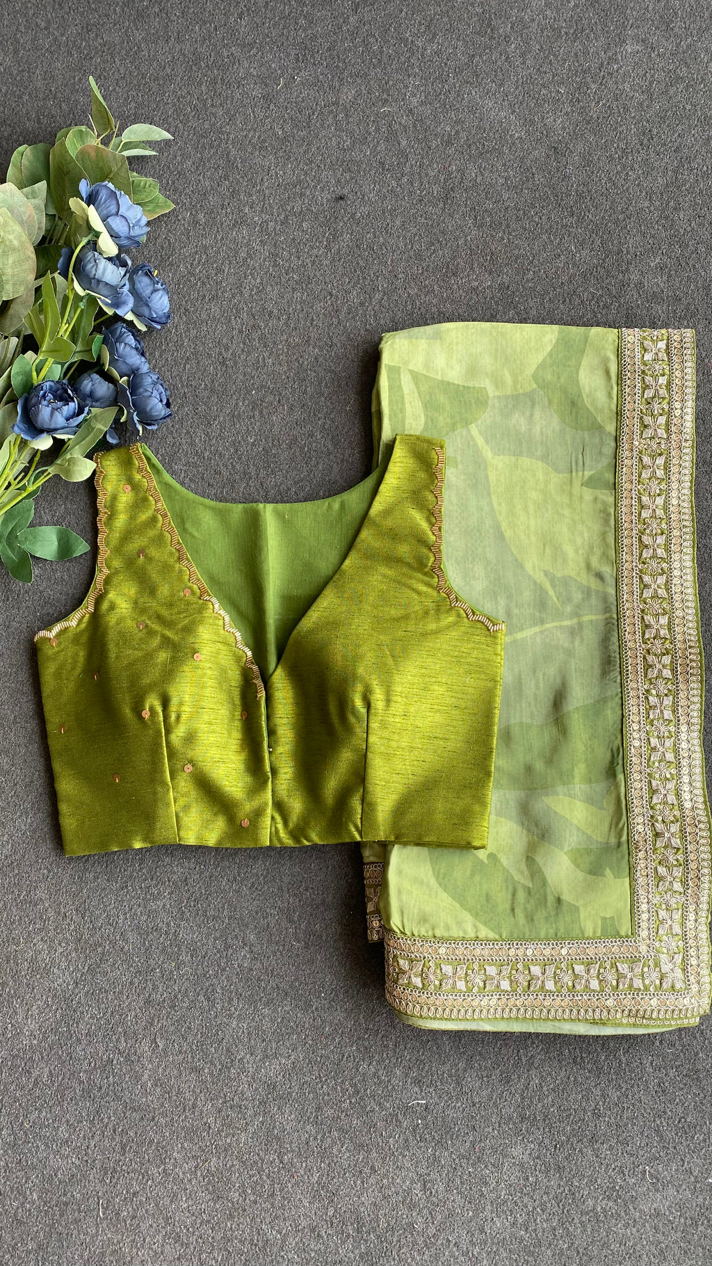 Green viscose silk saree with hand work blouse