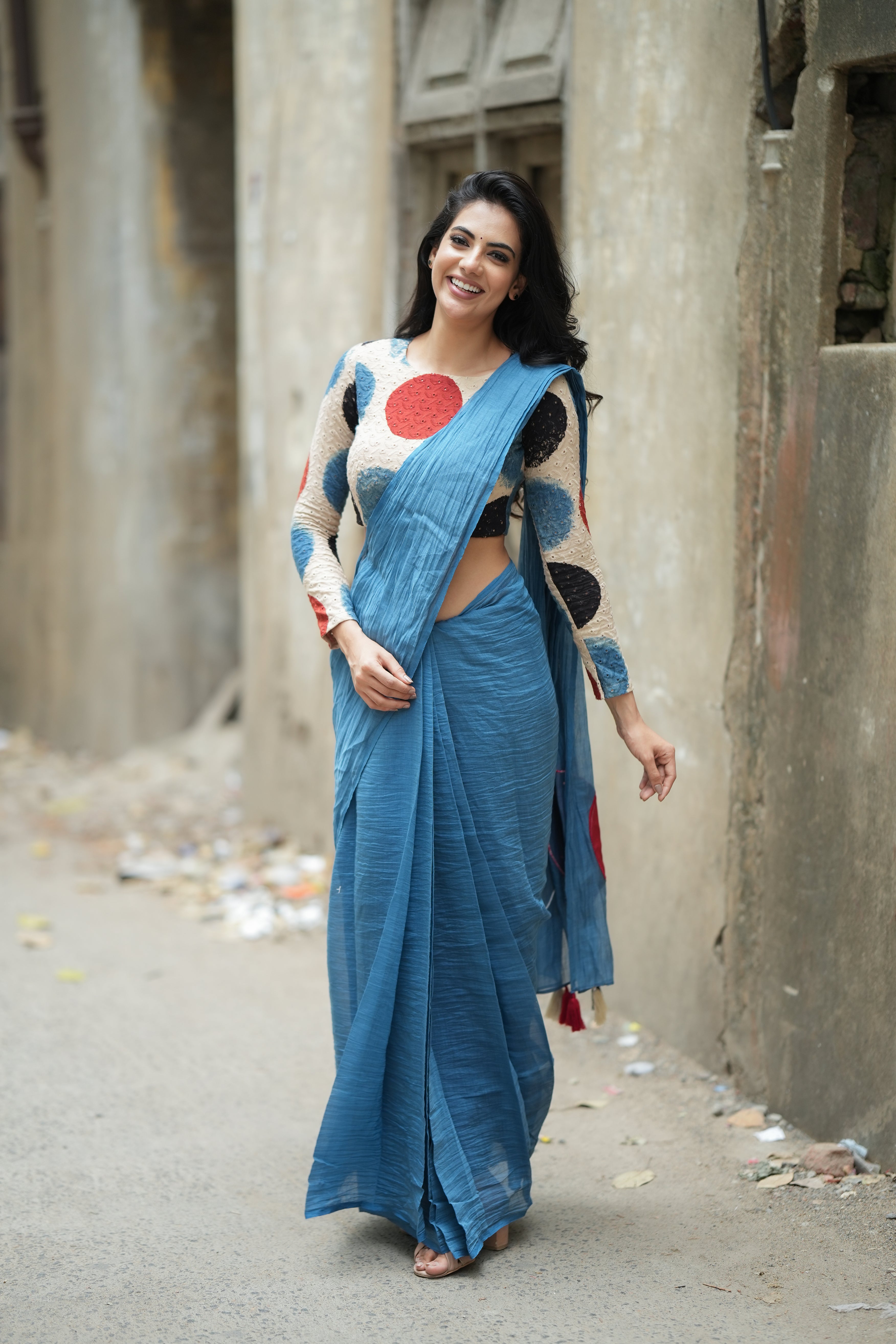 Blue malai chanderi saree with embroidery ajrak blouse