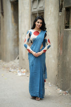 Blue malai chanderi saree with embroidery ajrak blouse