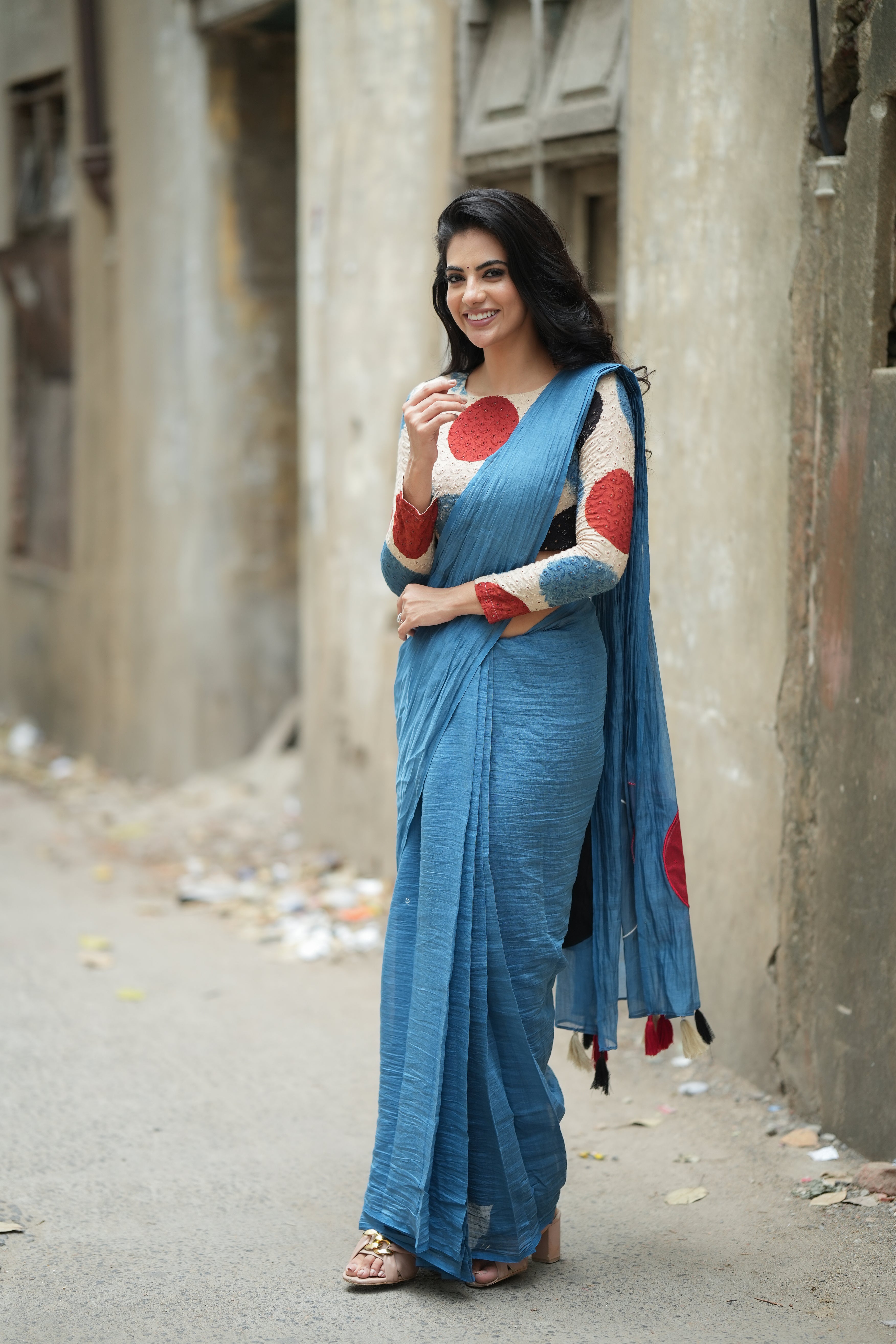 Blue malai chanderi saree with embroidery ajrak blouse