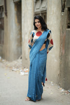 Blue malai chanderi saree with embroidery ajrak blouse