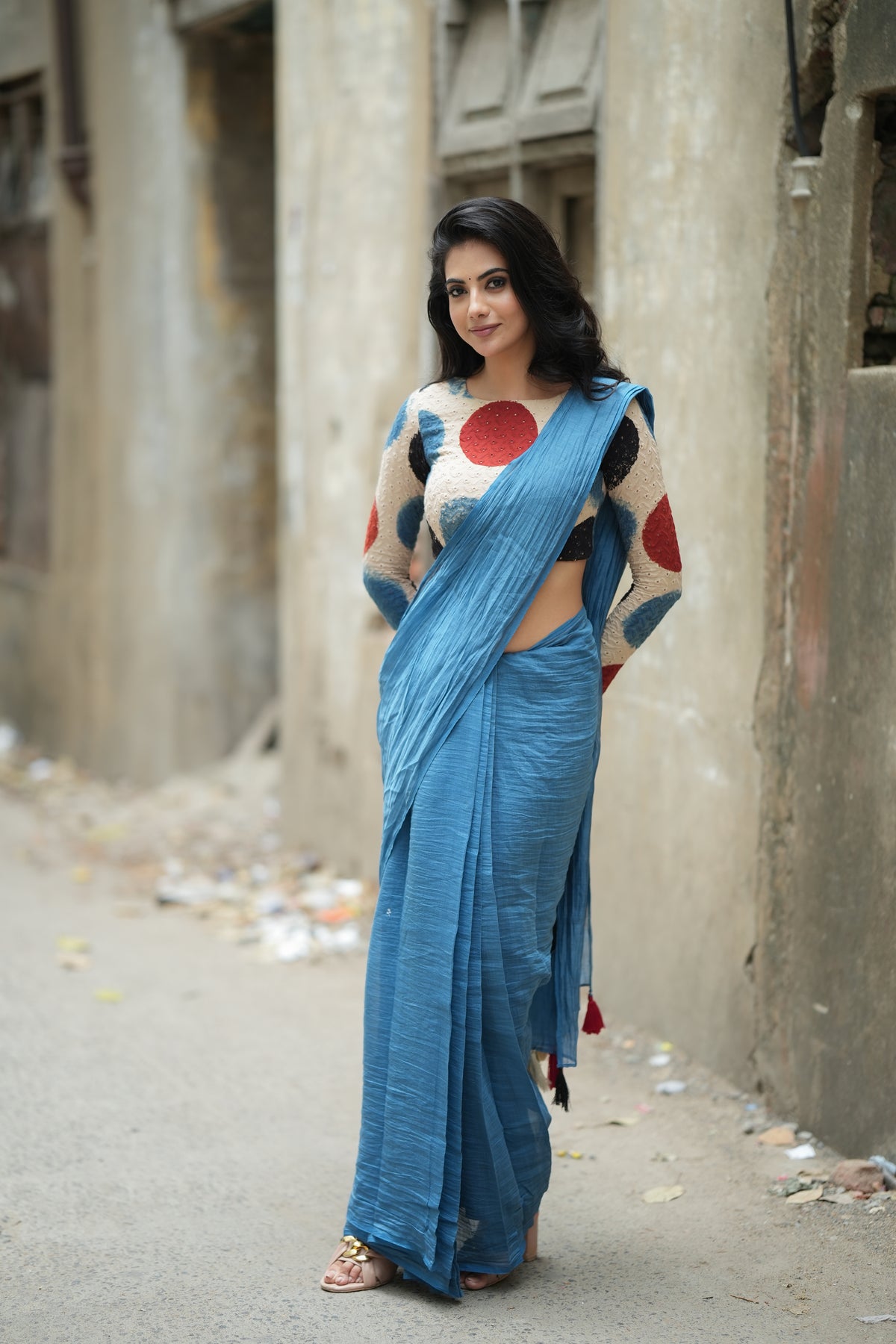 Blue malai chanderi saree with embroidery ajrak blouse