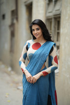 Blue malai chanderi saree with embroidery ajrak blouse
