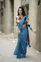 Blue malai chanderi saree with embroidery ajrak blouse