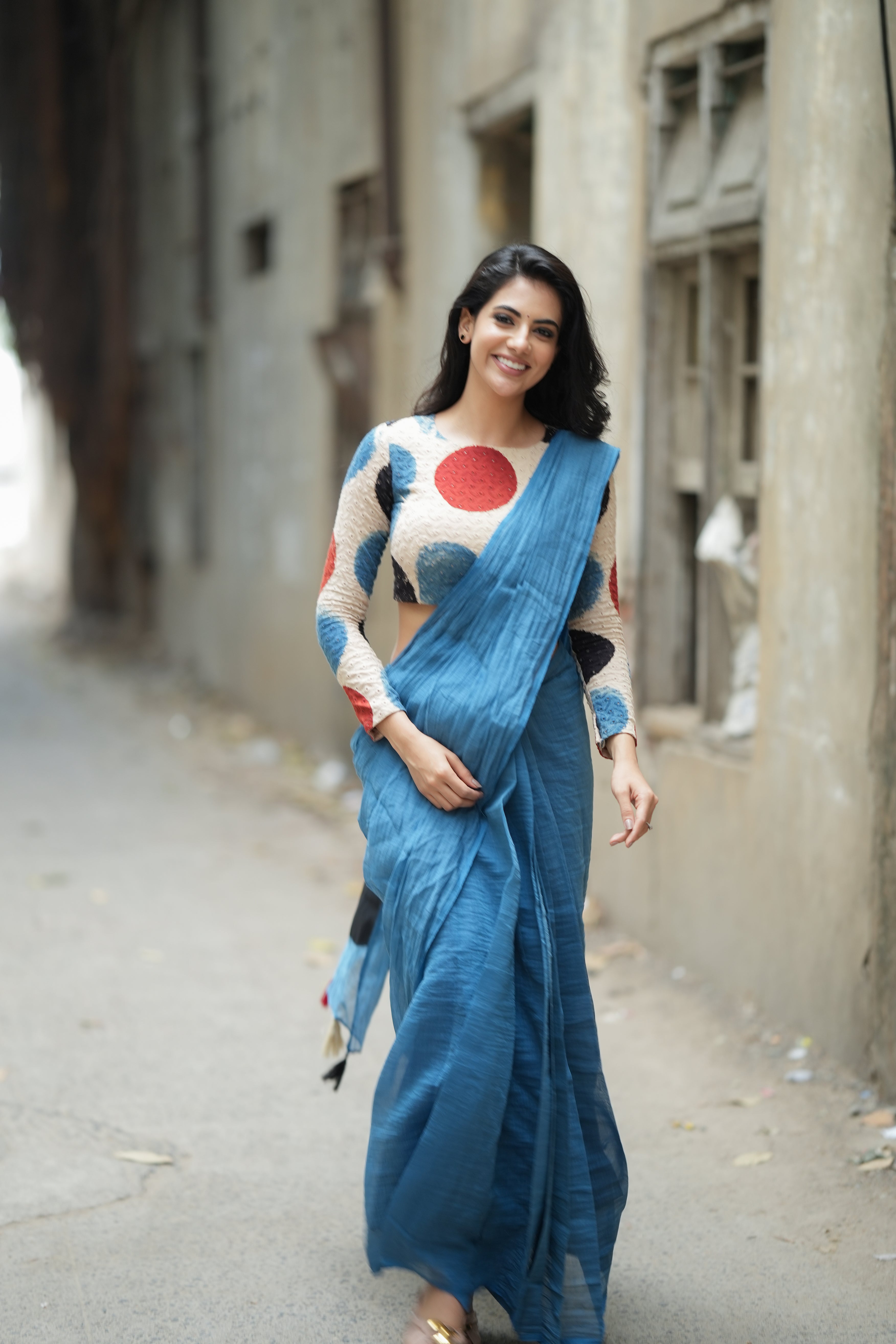 Blue malai chanderi saree with embroidery ajrak blouse