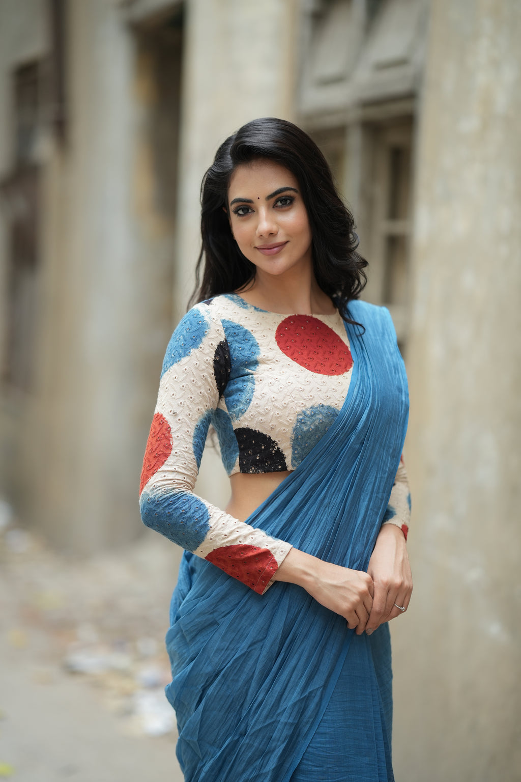 Blue malai chanderi saree with embroidery ajrak blouse