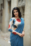 Blue malai chanderi saree with embroidery ajrak blouse