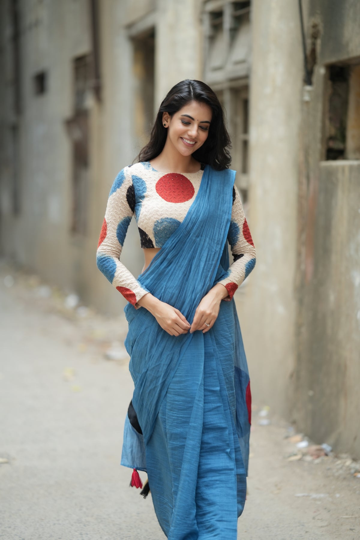 Blue malai chanderi saree with embroidery ajrak blouse