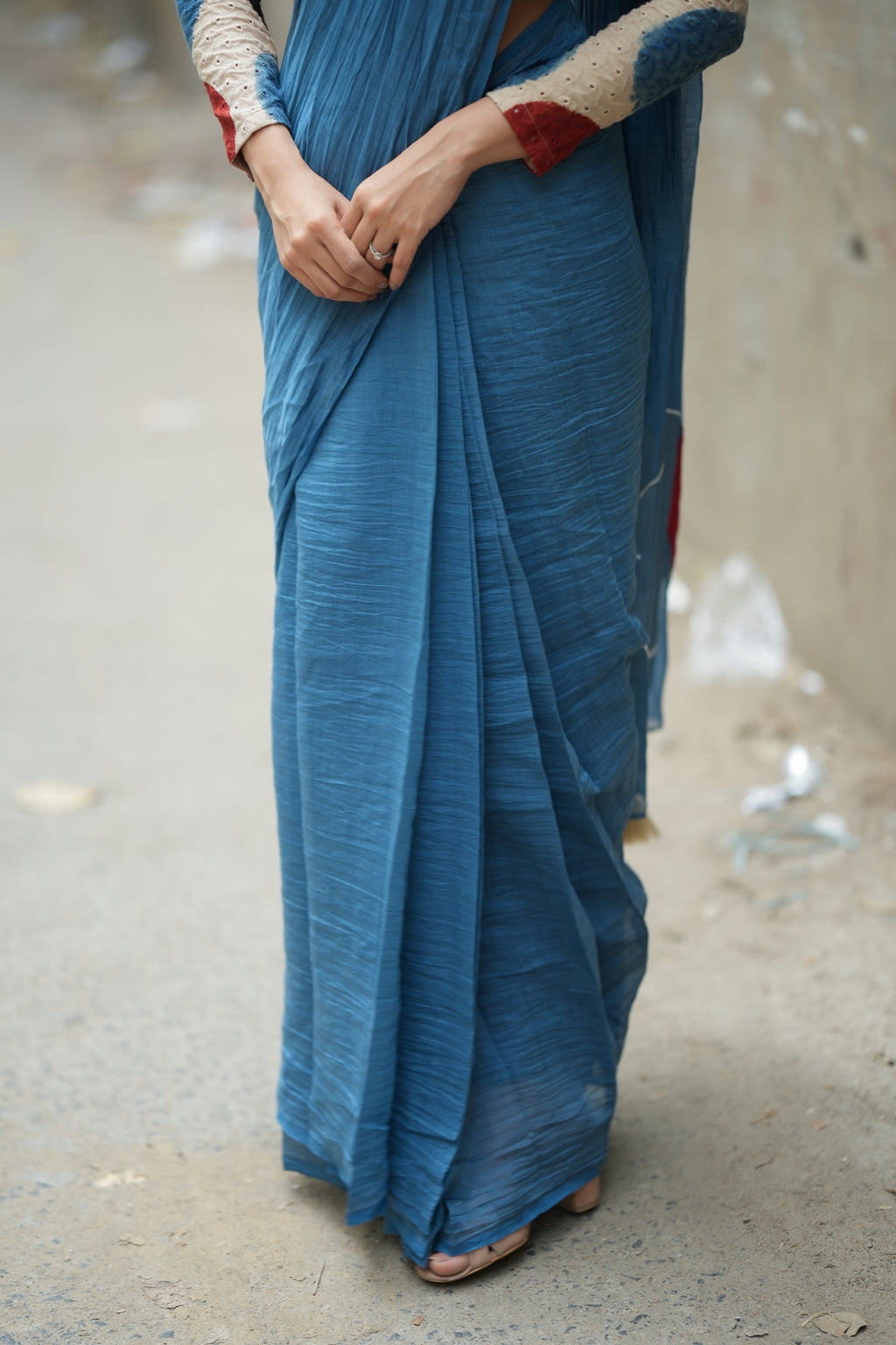 Blue malai chanderi saree with embroidery ajrak blouse