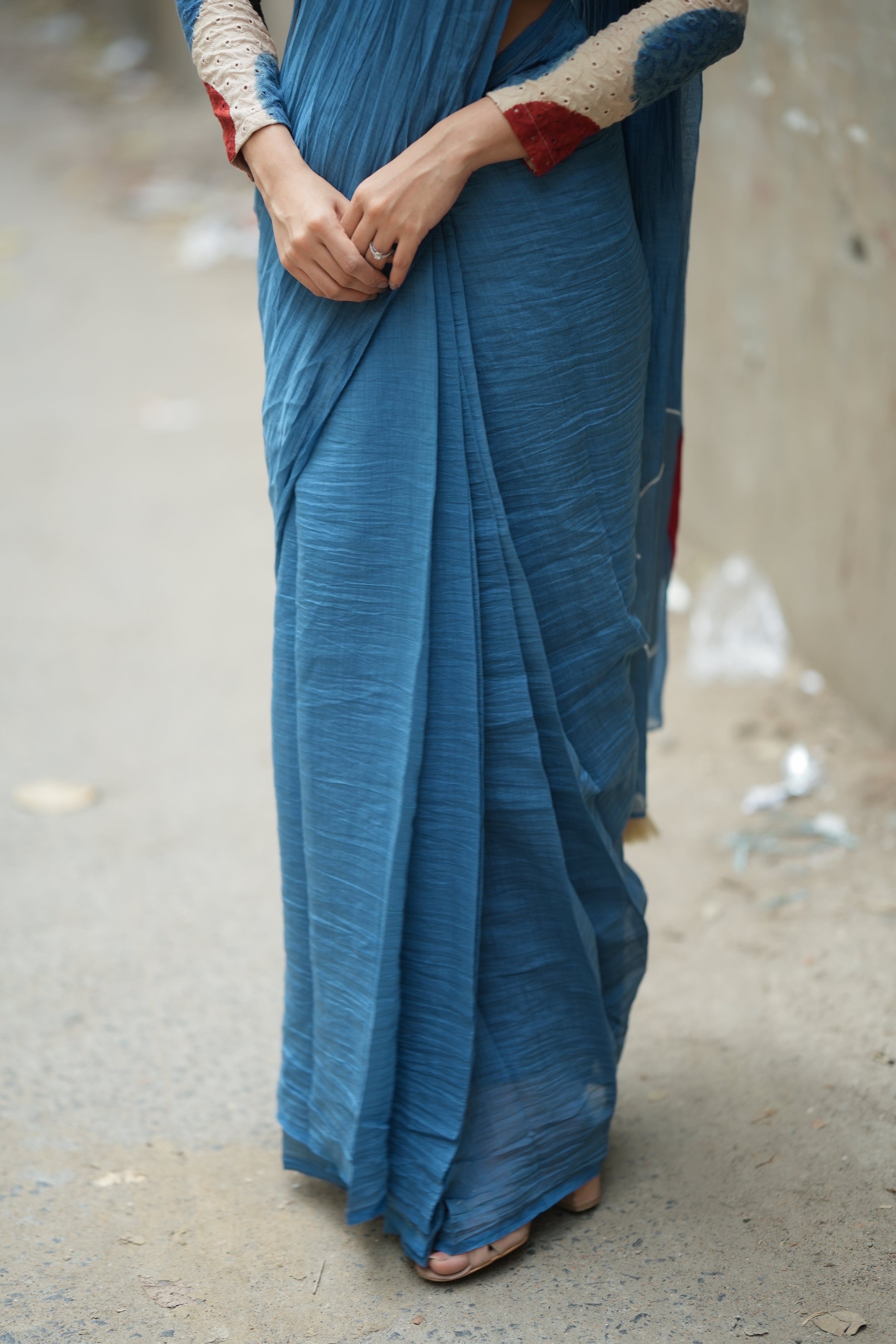 Blue malai chanderi saree with embroidery ajrak blouse