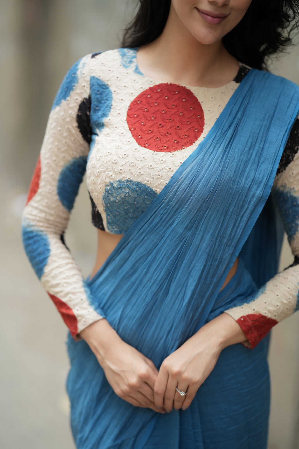 Blue malai chanderi saree with embroidery ajrak blouse
