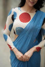 Blue malai chanderi saree with embroidery ajrak blouse