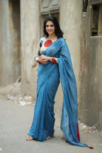 Blue malai chanderi saree with embroidery ajrak blouse