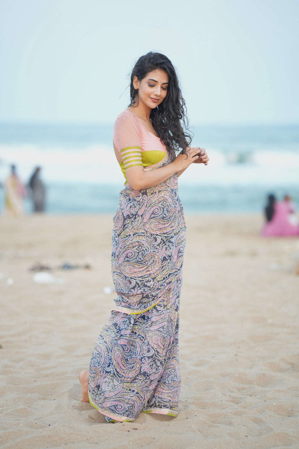 Midnight blue paisleys chiffon saree with hand worked blouse