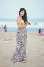 Midnight blue paisleys chiffon saree with hand worked blouse