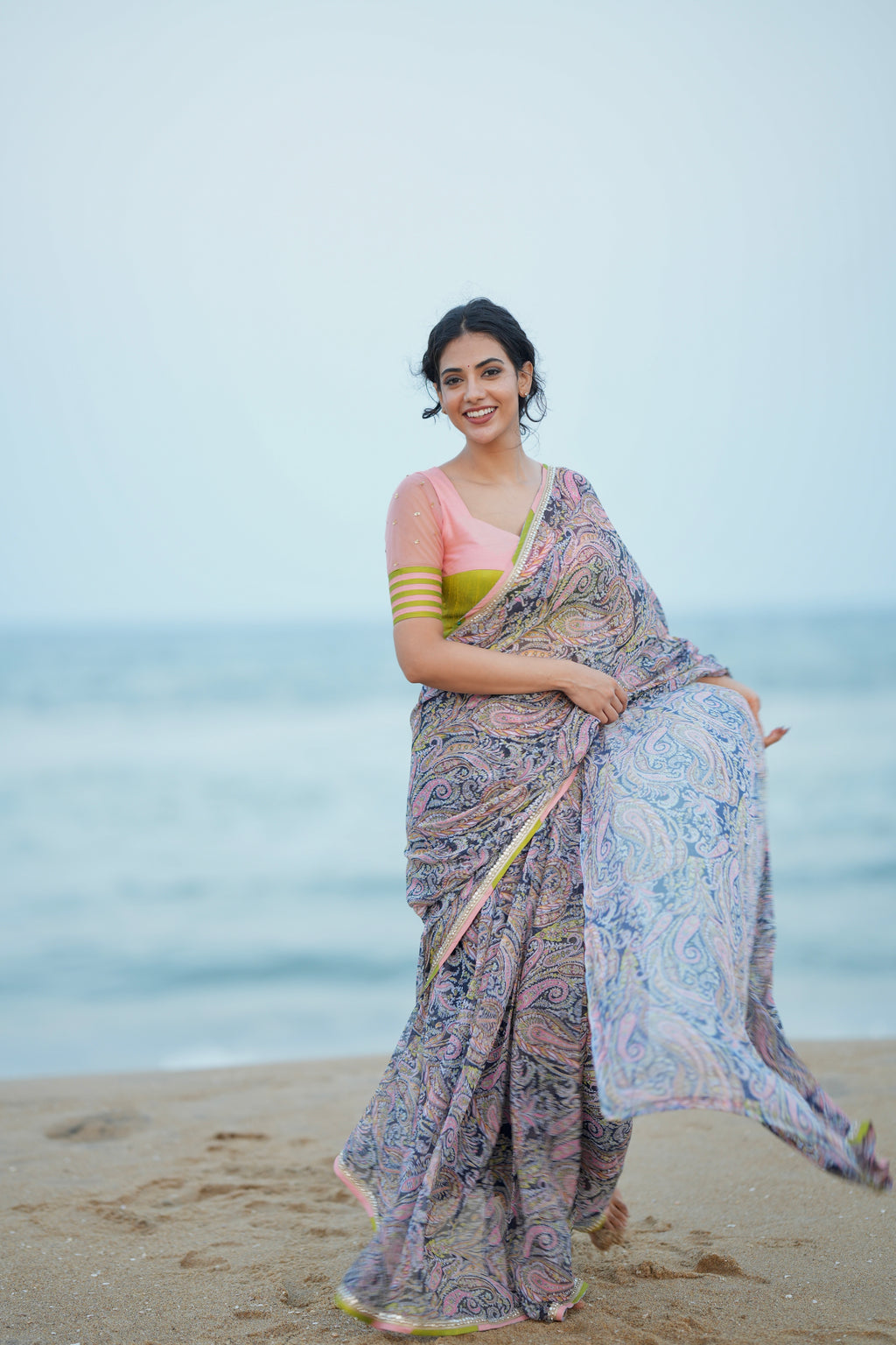 Midnight blue paisleys chiffon saree with hand worked blouse