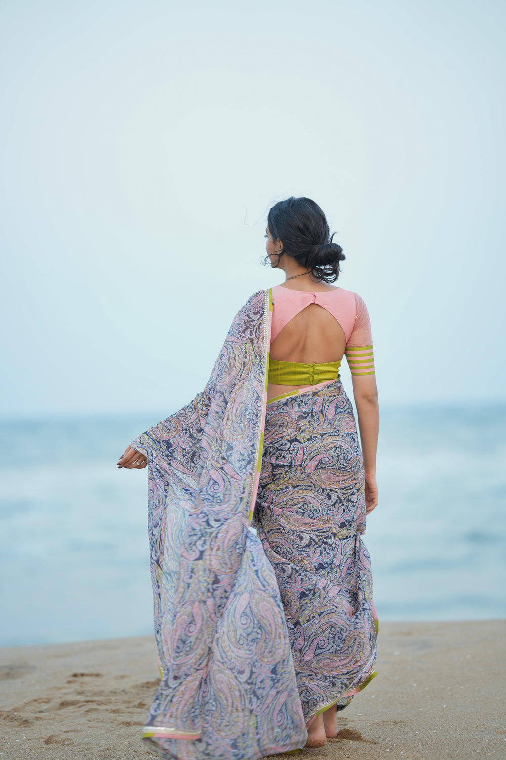 Midnight blue paisleys chiffon saree with hand worked blouse