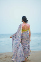 Midnight blue paisleys chiffon saree with hand worked blouse