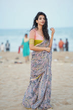 Midnight blue paisleys chiffon saree with hand worked blouse