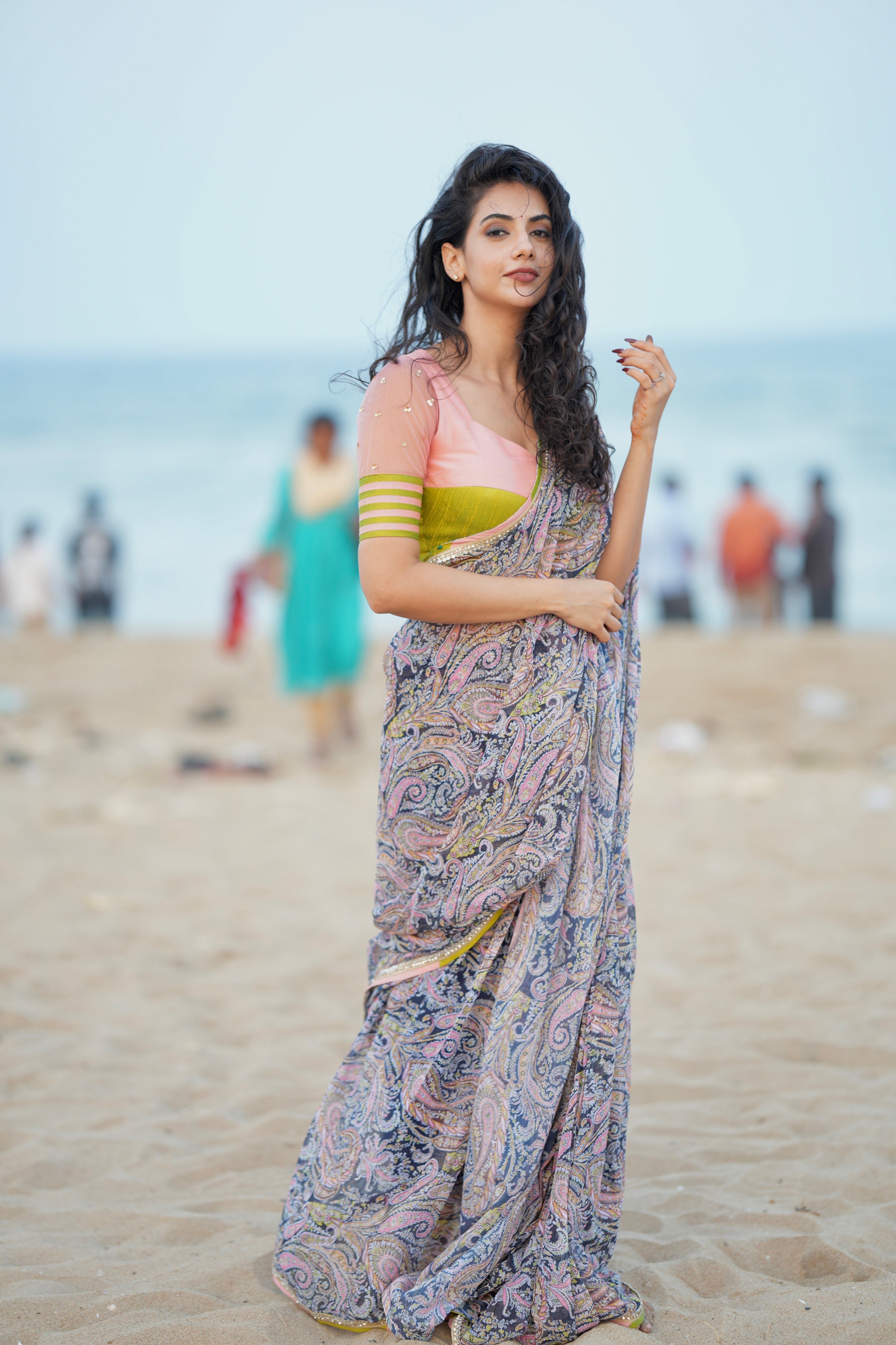 Midnight blue paisleys chiffon saree with hand worked blouse