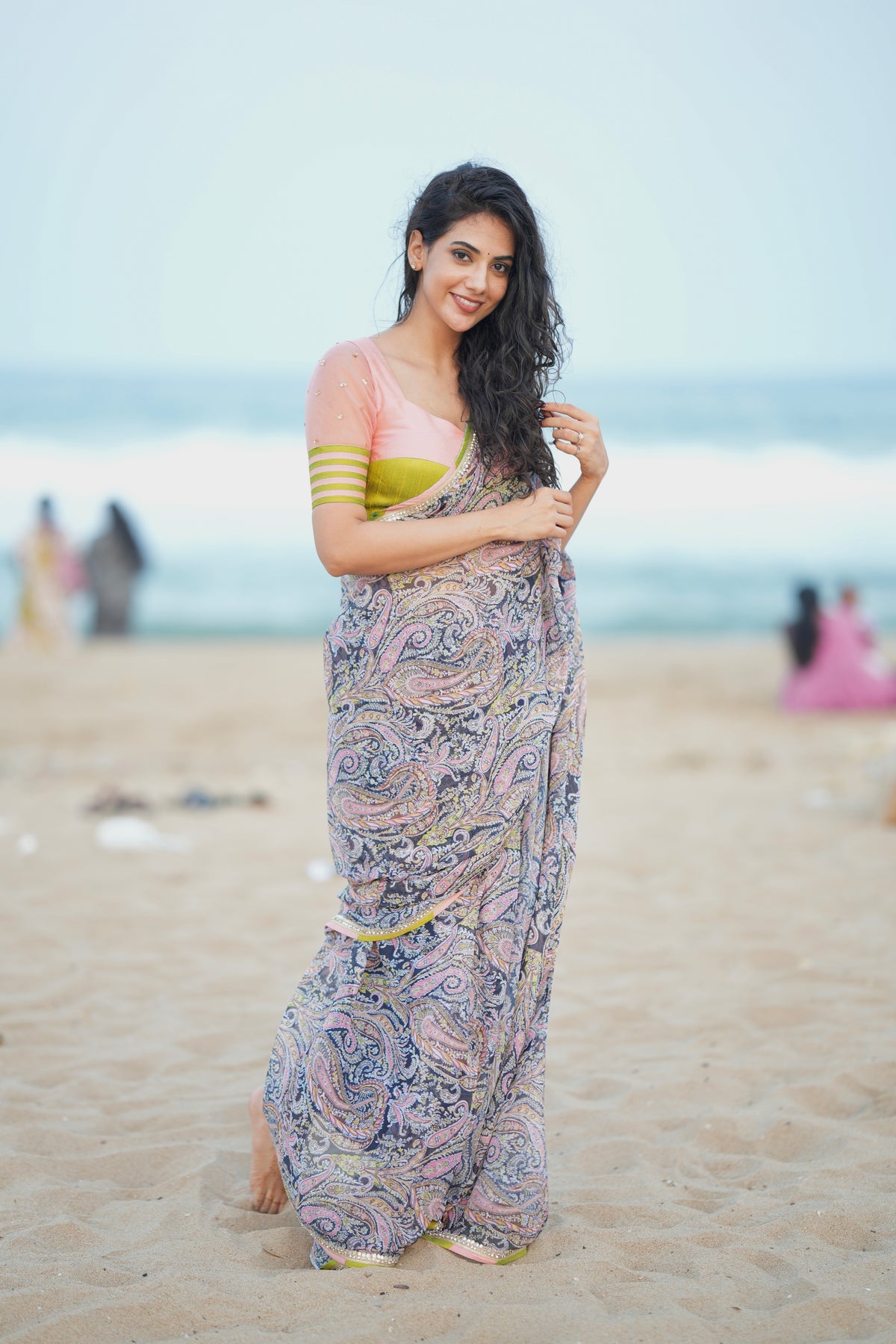 Midnight blue paisleys chiffon saree with hand worked blouse