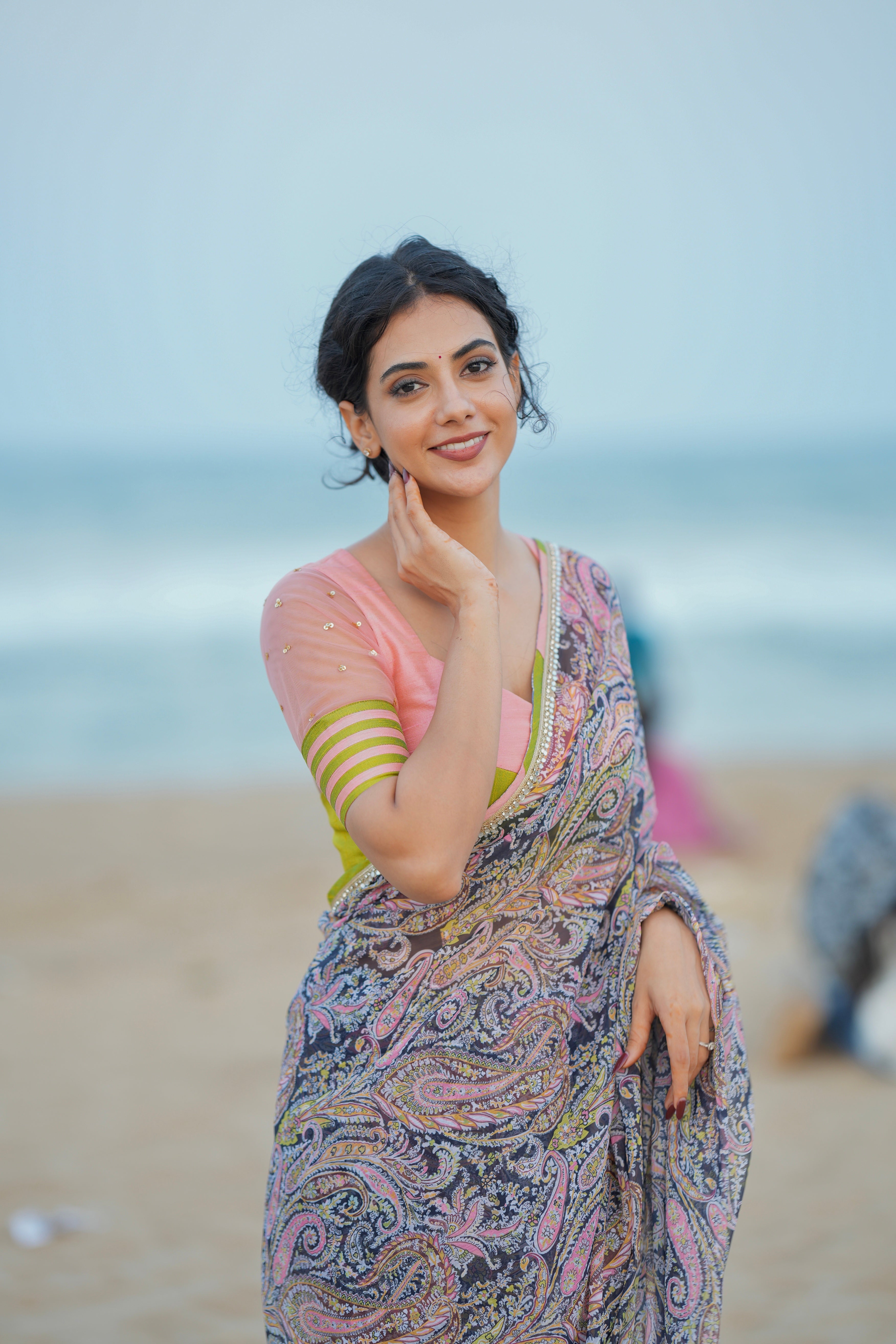 Midnight blue paisleys chiffon saree with hand worked blouse