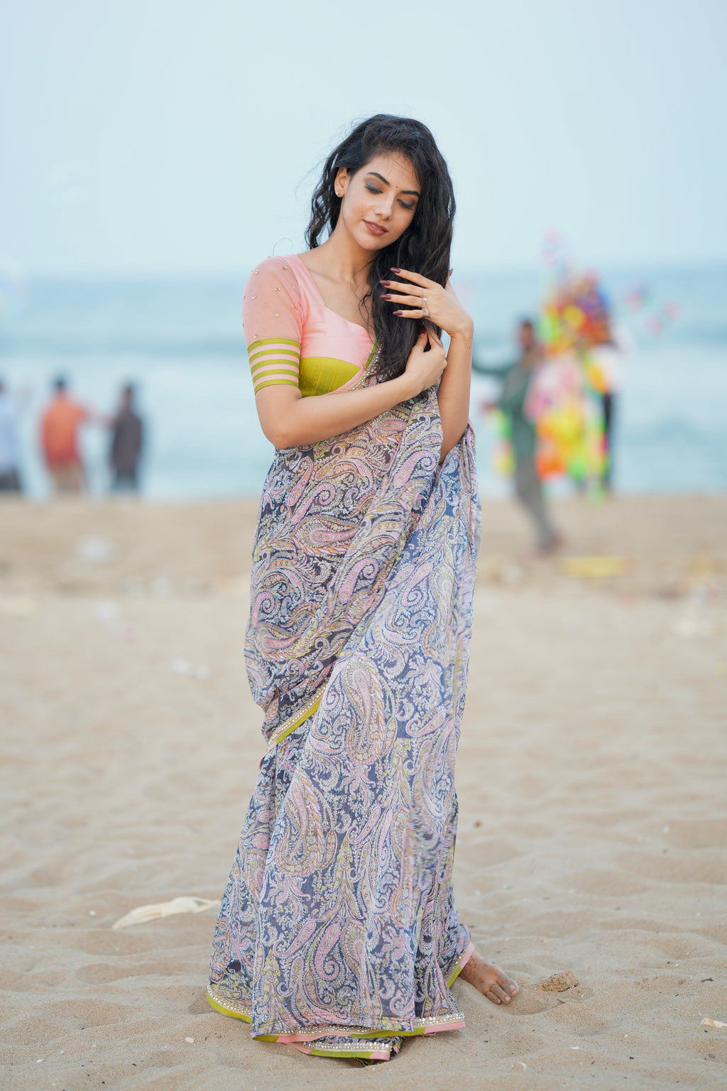 Midnight blue paisleys chiffon saree with hand worked blouse