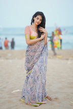 Midnight blue paisleys chiffon saree with hand worked blouse