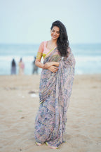 Midnight blue paisleys chiffon saree with hand worked blouse