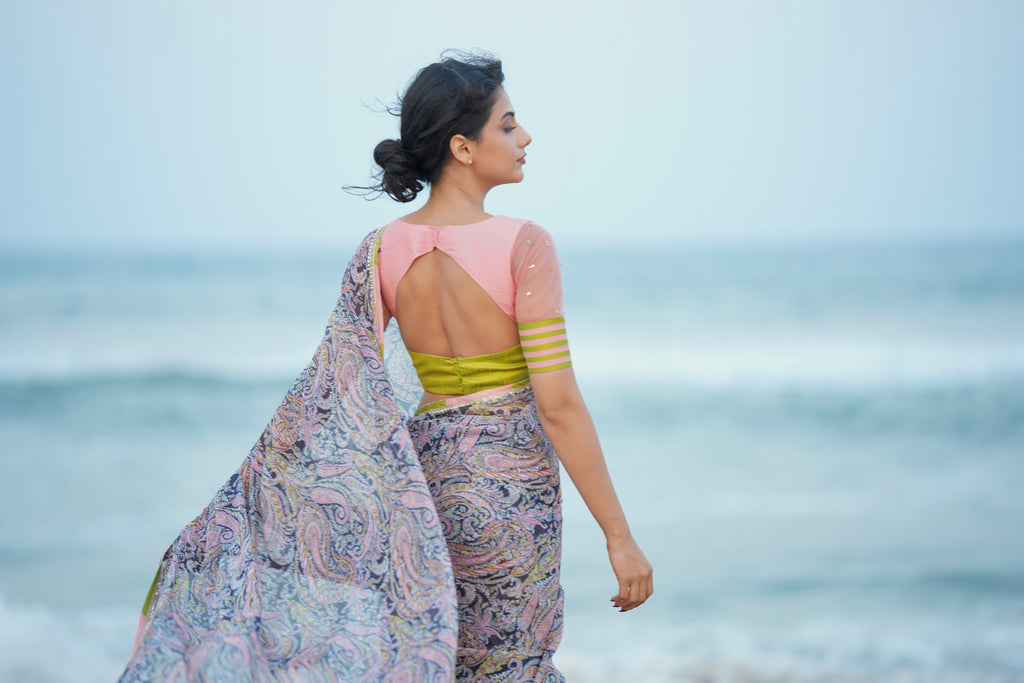 Midnight blue paisleys chiffon saree with hand worked blouse