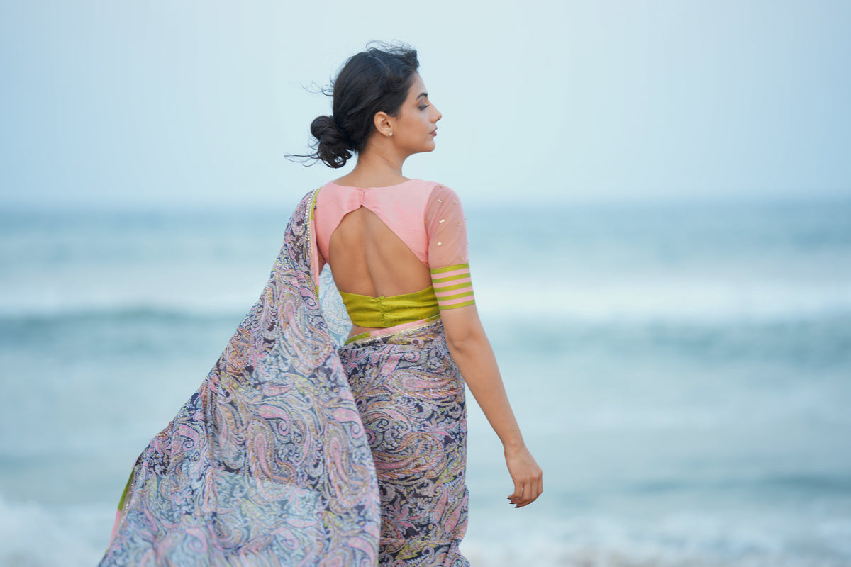 Midnight blue paisleys chiffon saree with hand worked blouse