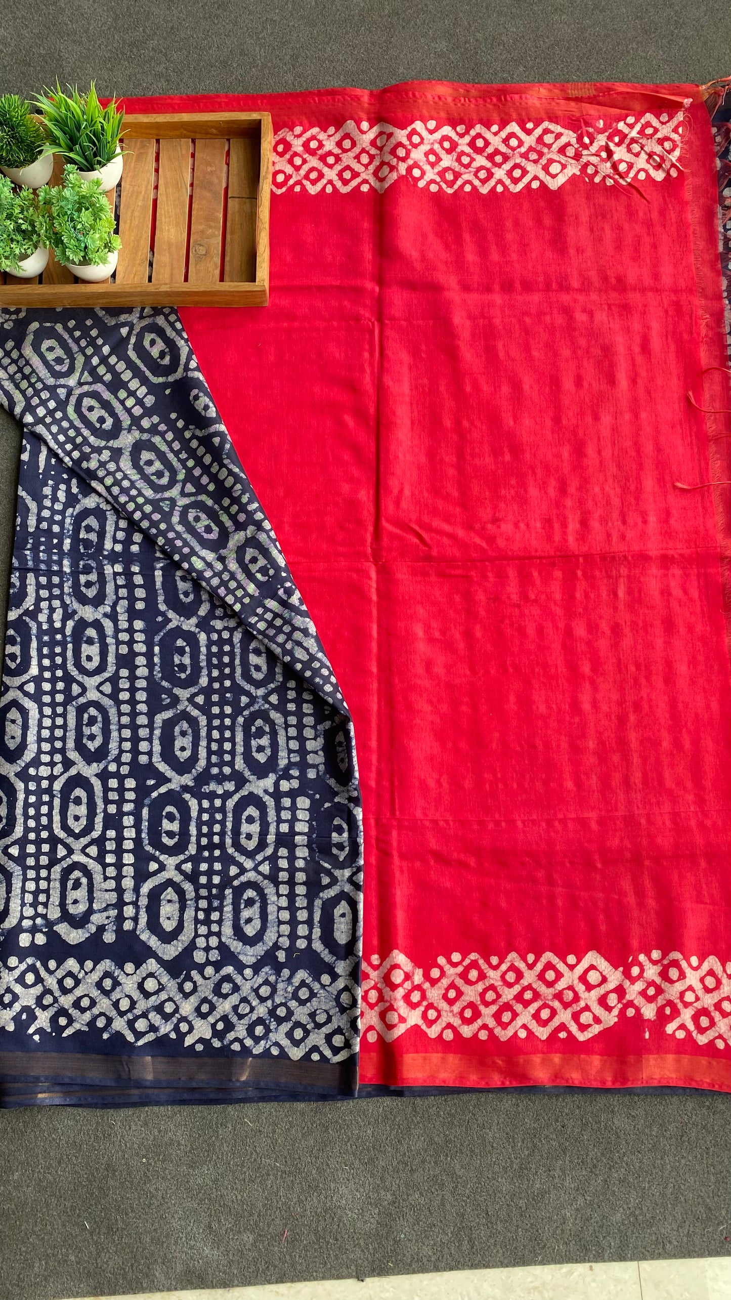 Navy blue & pink printed cotton saree with blouse