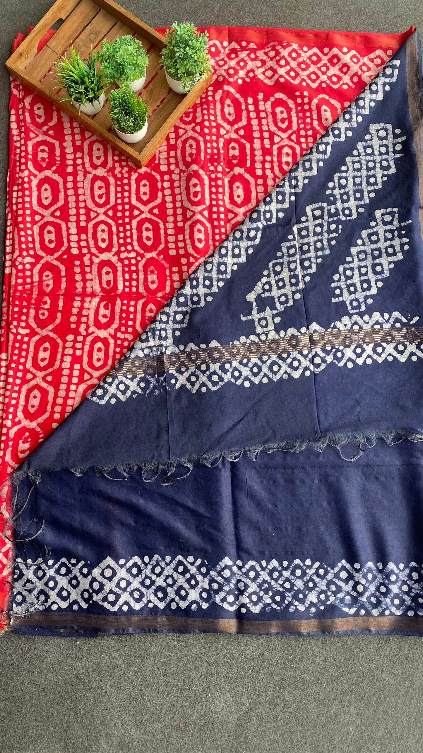 Pink & blue printed cotton saree with blouse