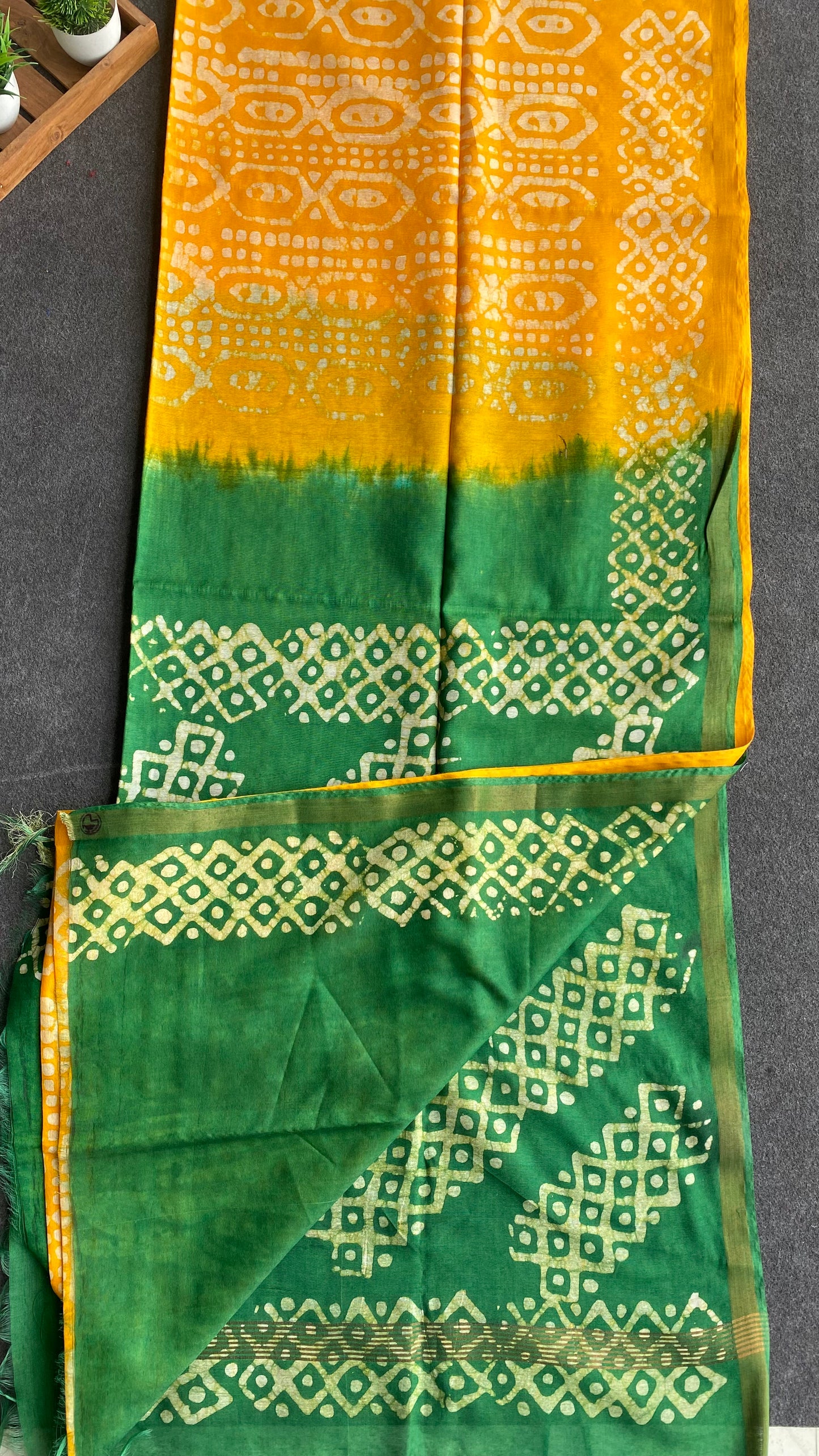 Yellow & green printed cotton saree with blouse