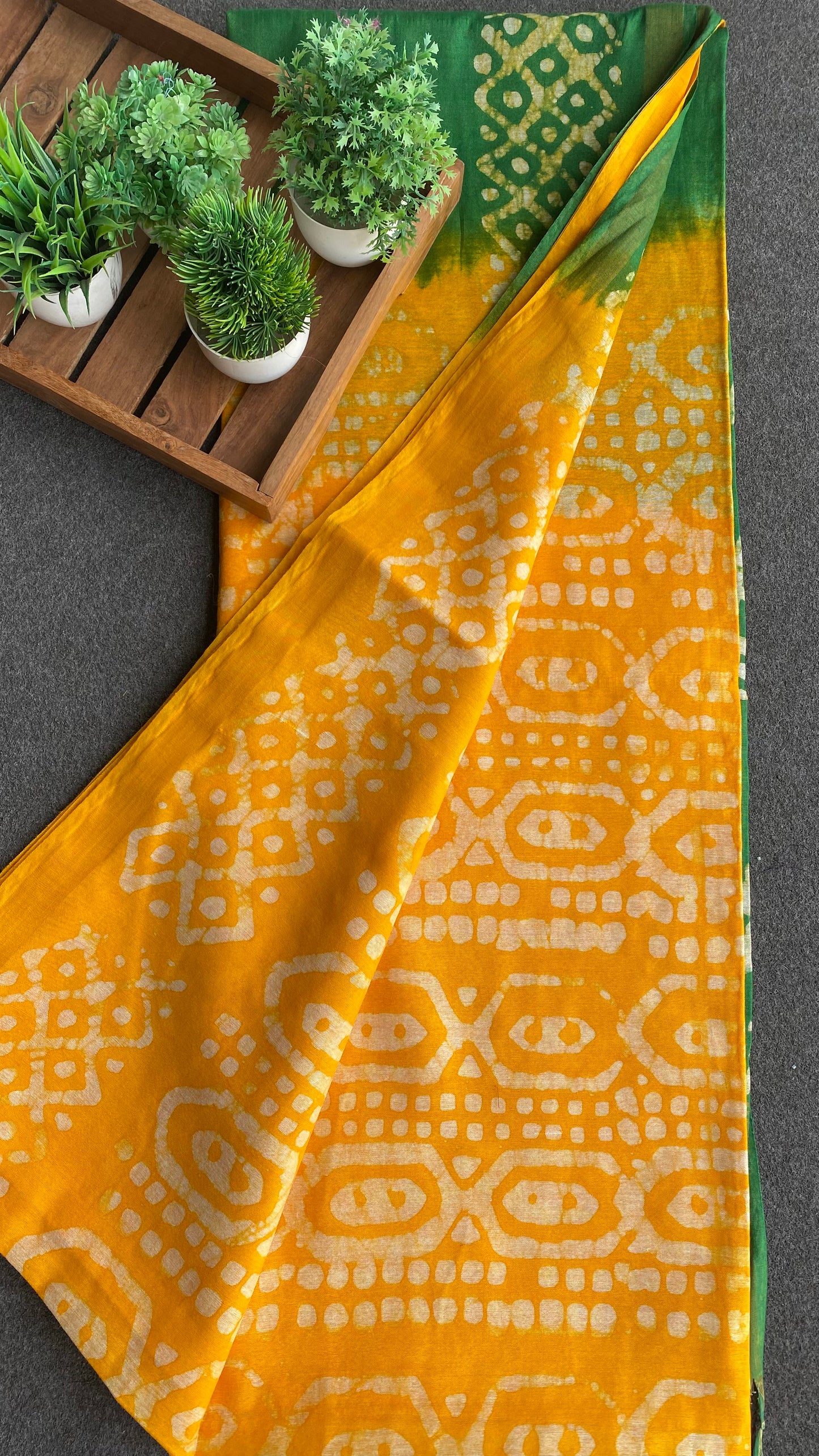 Yellow & green printed cotton saree with blouse